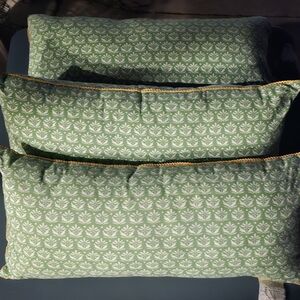 Green and White Patterned Pillow with Yellow Trim